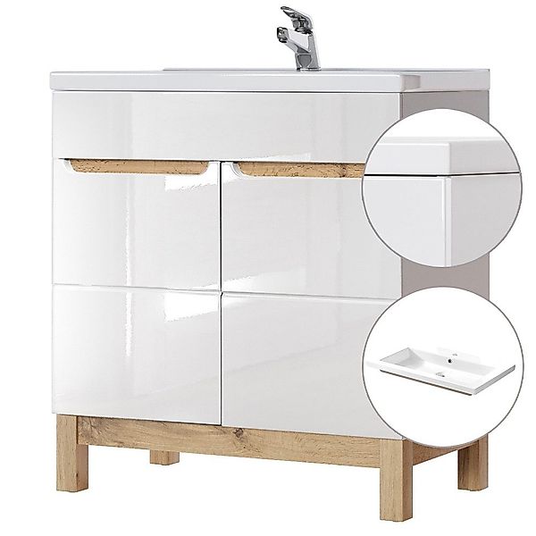 Lomadox Waschtisch SOLNA-56, weiß Wotaneiche 81x85x46cm günstig online kaufen