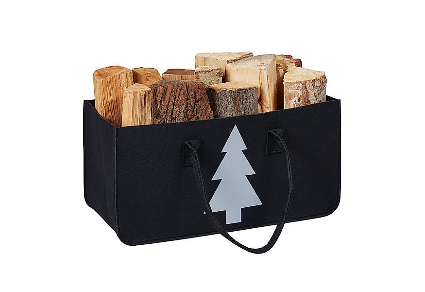 relaxdays Holztragetasche Schwarze Kaminholztasche Filz mit Motiv günstig online kaufen