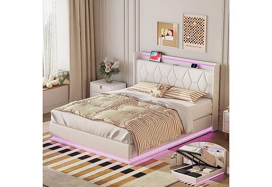 PXloue Polsterbett LED hydraulisches Doppelbett, Stauraumbett,mit Lattenros günstig online kaufen
