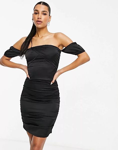 Parisian – Schulterfreies Bodycon-Kleid aus Satin in Schwarz günstig online kaufen