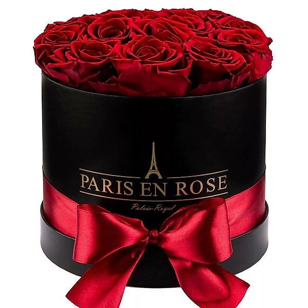 Rosenbox Ø 19 cm Schwarz mit Schleife und 14 Bordeaux Rosen günstig online kaufen