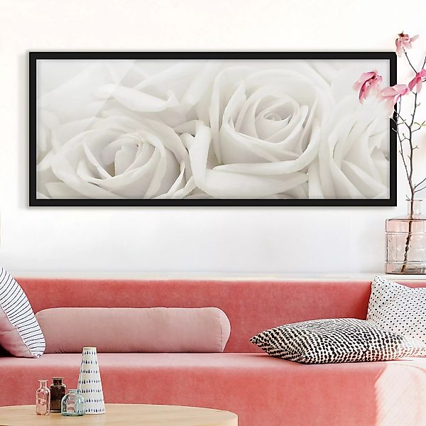 Bild mit Rahmen Blumen - Panorama Weiße Rosen günstig online kaufen