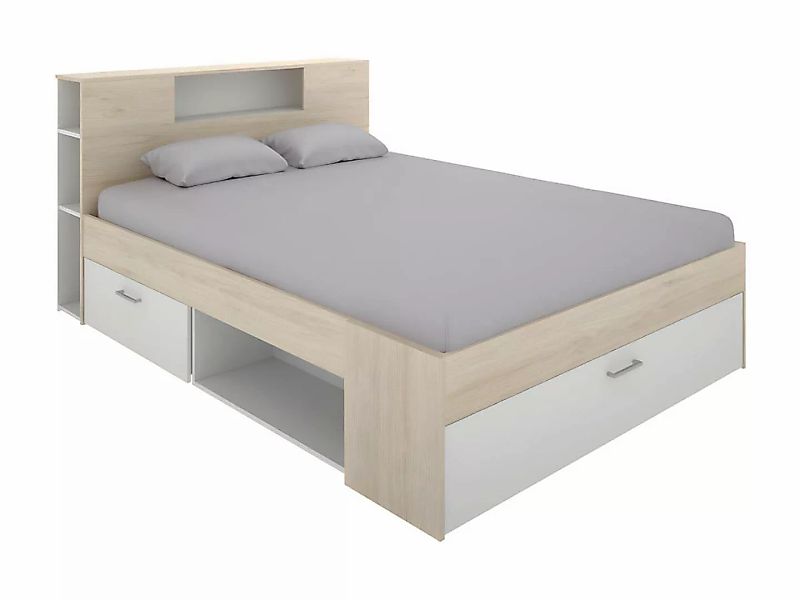 Bett mit Kopfteil, Stauraum & Schubladen - 140 x 190 cm - Weiß & Naturfarbe günstig online kaufen