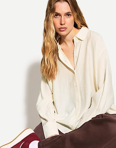 Bershka Crêpe-Hemd Mit Schleifen Damen L Rohweiß günstig online kaufen