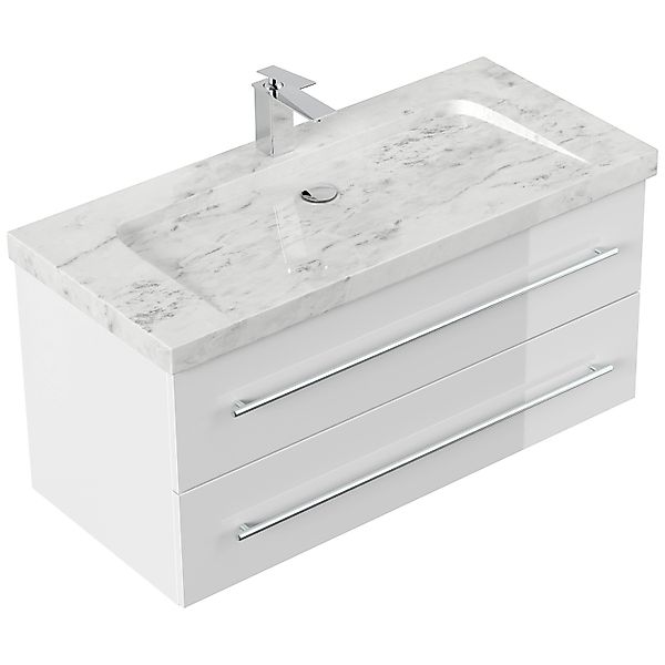 Posseik Badmöbel Marmor Carrara White Yamo 1 Hahnloch 100 cm Weiß Hochglanz günstig online kaufen