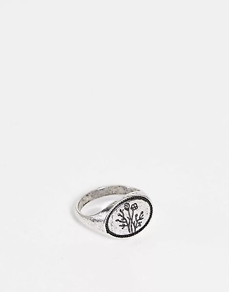 ASOS DESIGN – Silberfarben polierter Ring mit Blumendetail günstig online kaufen