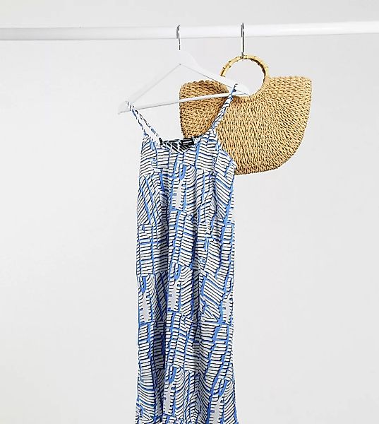 Nosiy May Tall – Bedrucktes Midi-Trägerkleid in Blau-Weiß günstig online kaufen