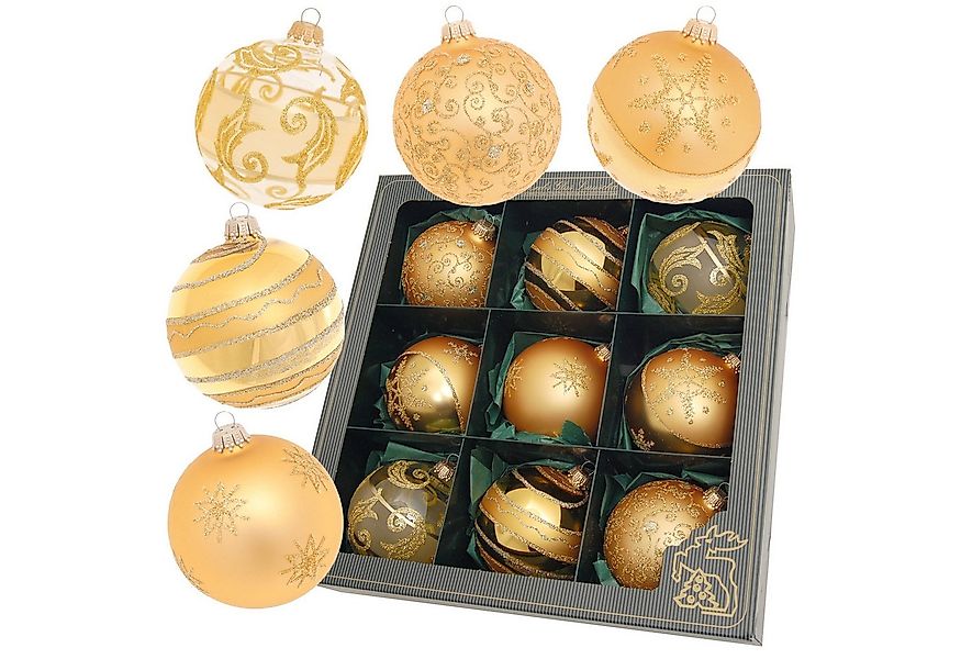 Krebs Glas Lauscha Weihnachtsbaumkugel Glasdekoration 9er Set Gold/Satin - günstig online kaufen