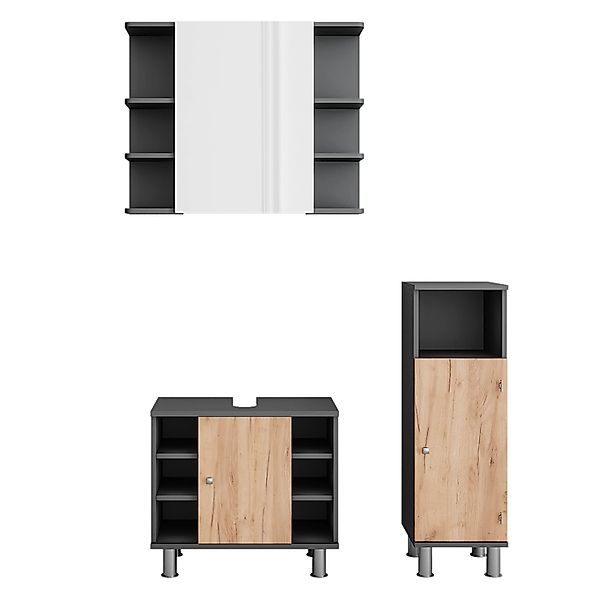 Vicco Badspiegelschrank Fynn Anthrazit/Goldkraft Eiche 3 Teile mit Midischr günstig online kaufen