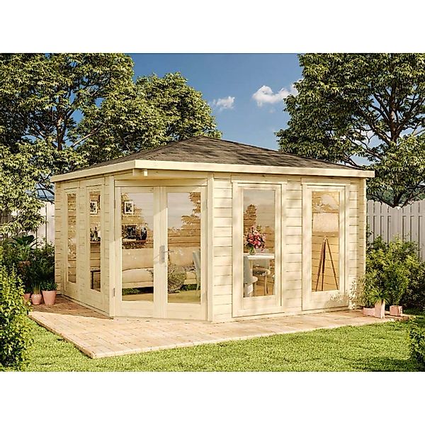 Alpholz Gartenhaus Maja ISO Spitzdach 425 cm x 425 cm Braun günstig online kaufen