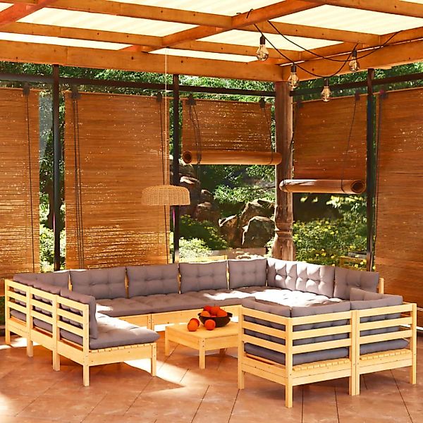 12-tlg. Garten-lounge-set Mit Grauen Kissen Kiefer Massivholz günstig online kaufen