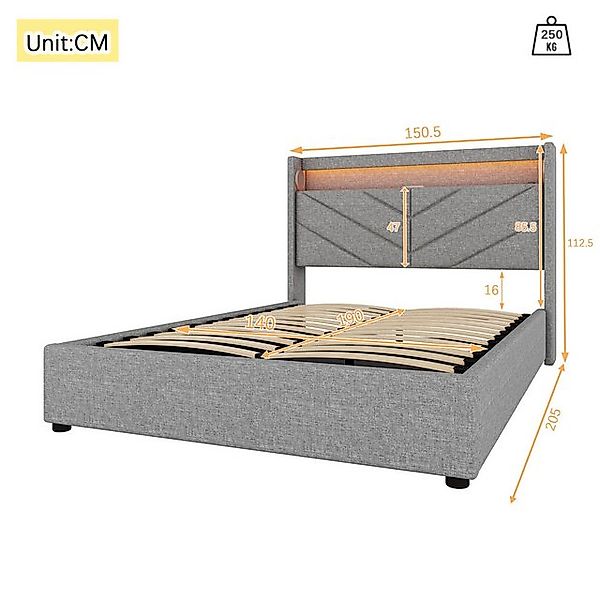 Flieks Polsterbett, LED Hydraulisches Doppelbett 140x190cm mit USB-Laden un günstig online kaufen
