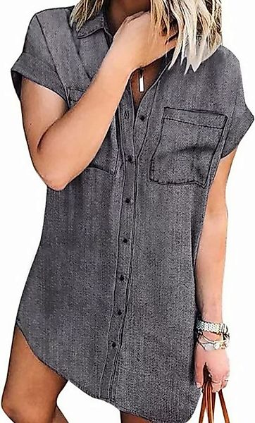 KIKI Blusenkleid Jeanskleid Kurzarm Button Down Kurz Denim Kleid Blusenklei günstig online kaufen