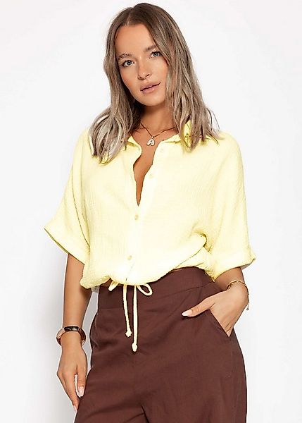 SASSYCLASSY Langarmbluse Musselin Bluse mit Zugband für Damen Cropped Baumw günstig online kaufen
