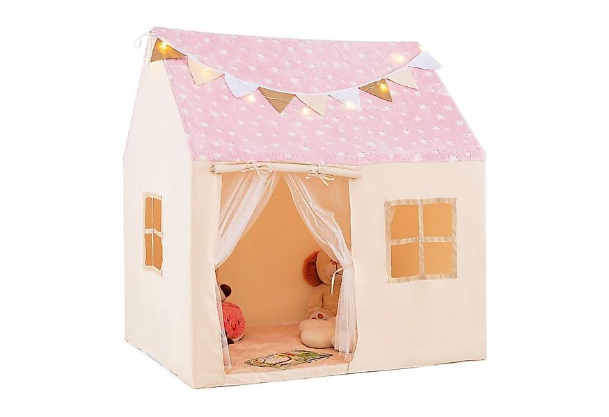 KOMFOTTEU Spielzelt Kinderspielhaus mit gepolstertem Teppich & Lichterkette günstig online kaufen