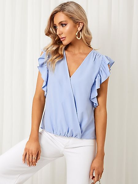 YOINS Blaue ärmellose Bluse mit gekreuztem Frontdesign und Rüschenbesatz mi günstig online kaufen