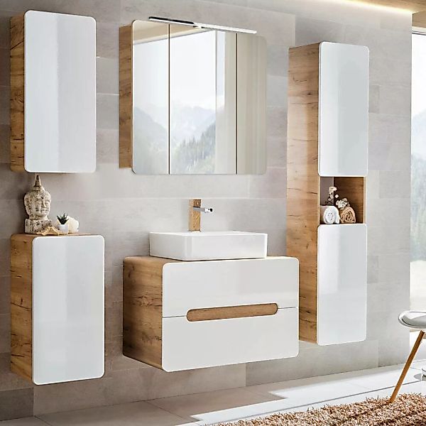 Badmöbel Set mit 80 cm Waschtisch & LED-Spiegelschrank LUTON-56 Hochglanz w günstig online kaufen