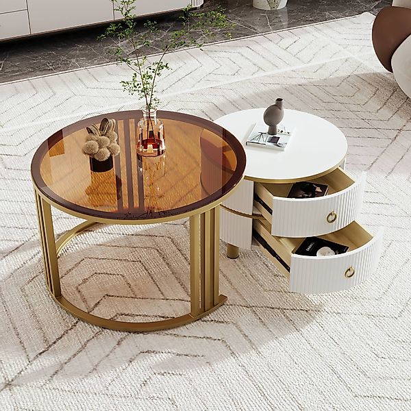 Couchtisch Set, 2-in-1 Runder mit Hochglanz- und Glasplatte, inkl. 2 Schubl günstig online kaufen