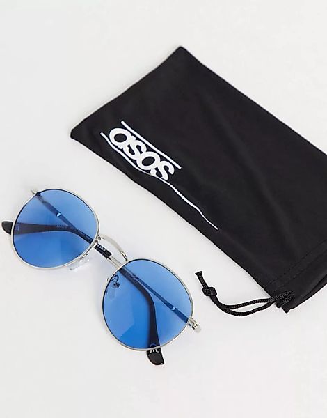 ASOS DESIGN – Runde Sonnenbrille aus silbernem Metall mit blauen Gläsern günstig online kaufen