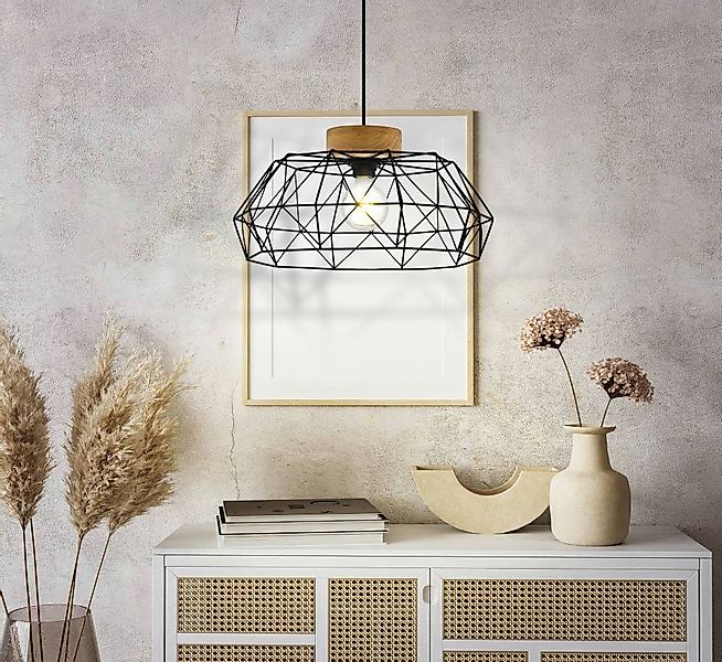 EGLO Hängeleuchte PADSTOW Hängelampe, Stahl und Holz, E27, IP20, Esszimmerl günstig online kaufen