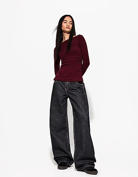 Bershka Langarmshirt Mit Raffung Damen L Bordeaux günstig online kaufen