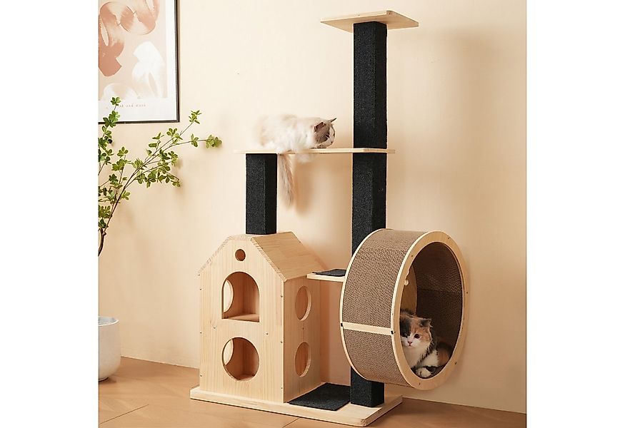 STILVORA Kratzbaum Massivholz Katzenklettergerüst mit Laufrad,Katzenlaufrad günstig online kaufen