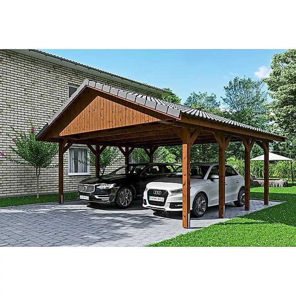 Satteldach-Carport Wallgau Nussbaum 620 x 600 cm Dachlattung günstig online kaufen