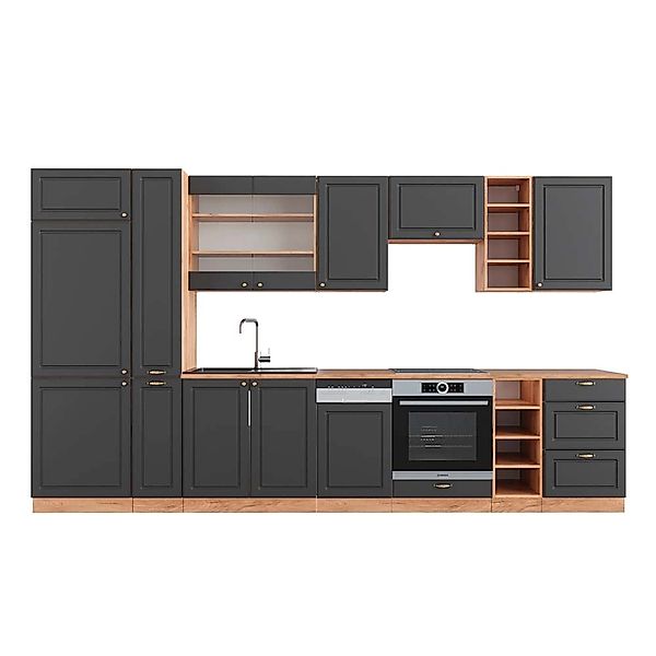 Vicco Fame-Line Küchenzeile Anthrazit Landhaus/Goldkraft Eiche 355 cm AP Ei günstig online kaufen