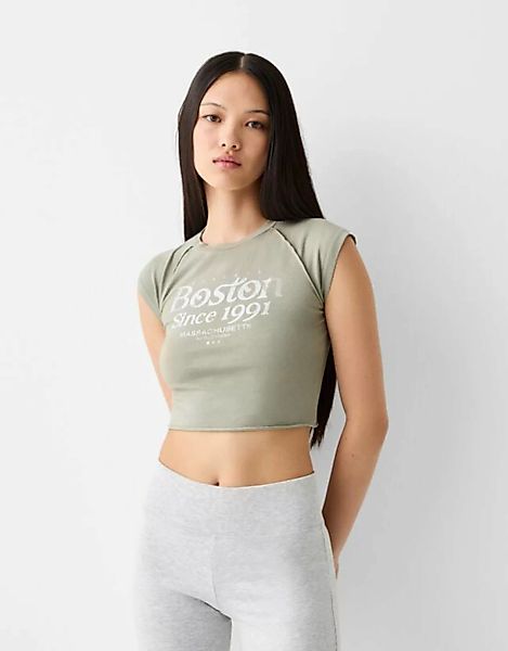 Bershka T-Shirt Mit Print Und Raglanärmeln Damen S Grün günstig online kaufen