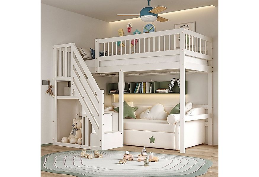 Flieks Hochbett Massivholz Einzelbett Kinderbett 90x200cm mit Stauraumtrepp günstig online kaufen