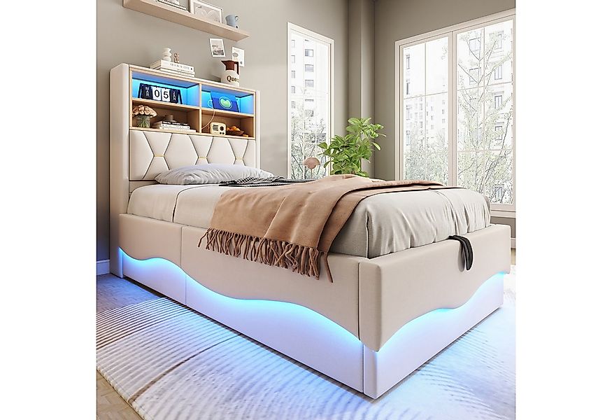 HAUSS SPOLE Polsterbett 90×200 mit hydraulischem Stauraum, LED-Licht, Beige günstig online kaufen