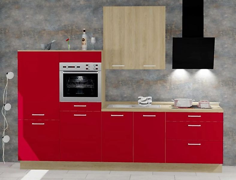 Einbauküche MANKATREND 2 in Rot / Eiche - Schränke montiert/ Küchenzeile 30 günstig online kaufen