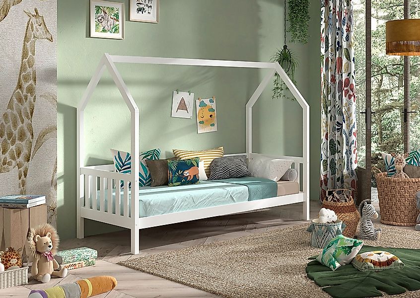Vipack Hausbett "Cabane, mit Dachaufbau und Sprossenumrandung in Landhaus-O günstig online kaufen