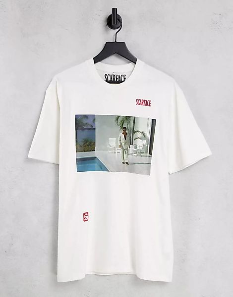 Topman – Oversize-T-Shirt in Ecru mit Scarface -Poolszenen-Print-Weiß günstig online kaufen