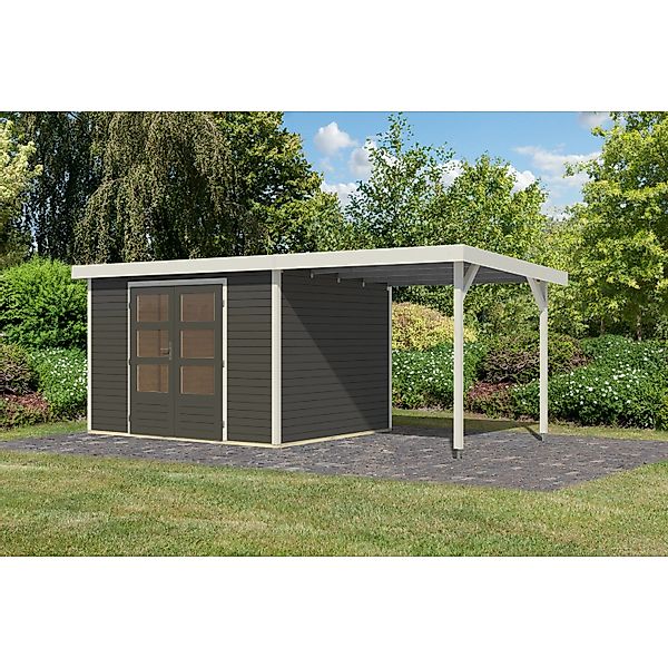 Karibu Gartenhaus Ernesto 5 B m. Anbaudach Terragrau/Weiß 209 x 298 x 242 c günstig online kaufen