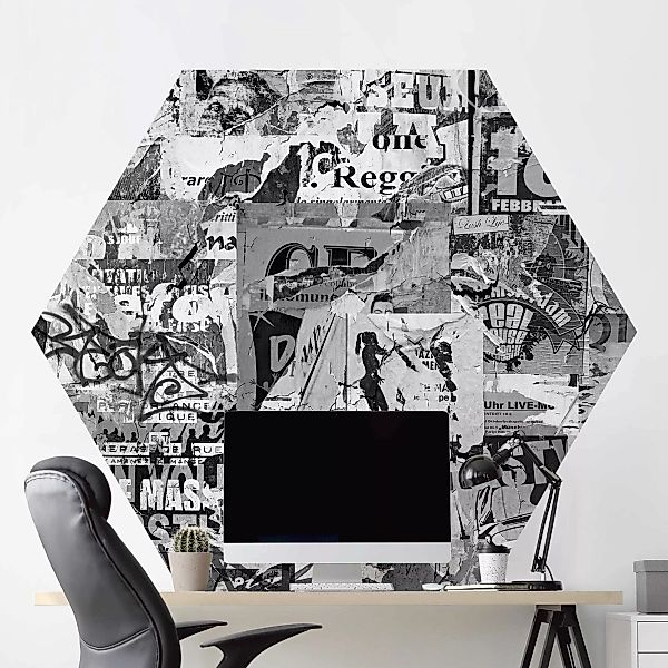 Hexagon Mustertapete selbstklebend Alte Plakatwand II Schwarz-Weiß günstig online kaufen