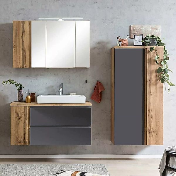 Badezimmermöbelset modern in Wildeichefarben Dunkelgrau (dreiteilig) günstig online kaufen