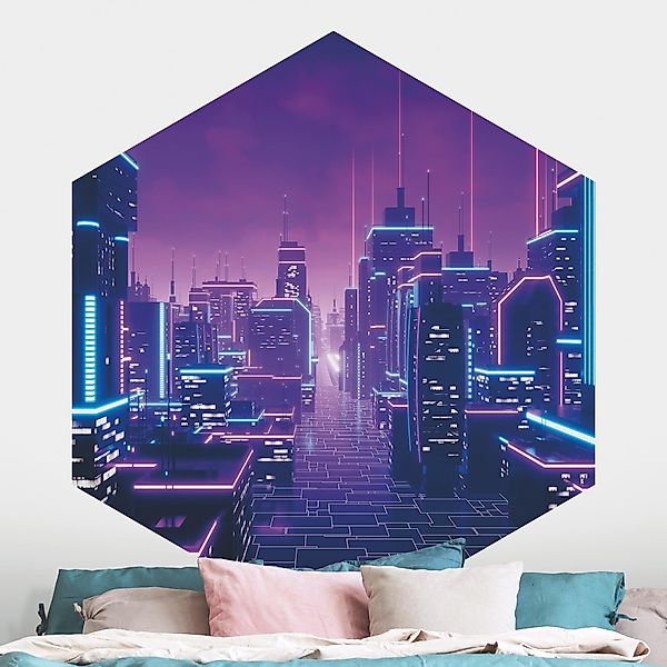 Hexagon Mustertapete Neon Stadtlichter günstig online kaufen