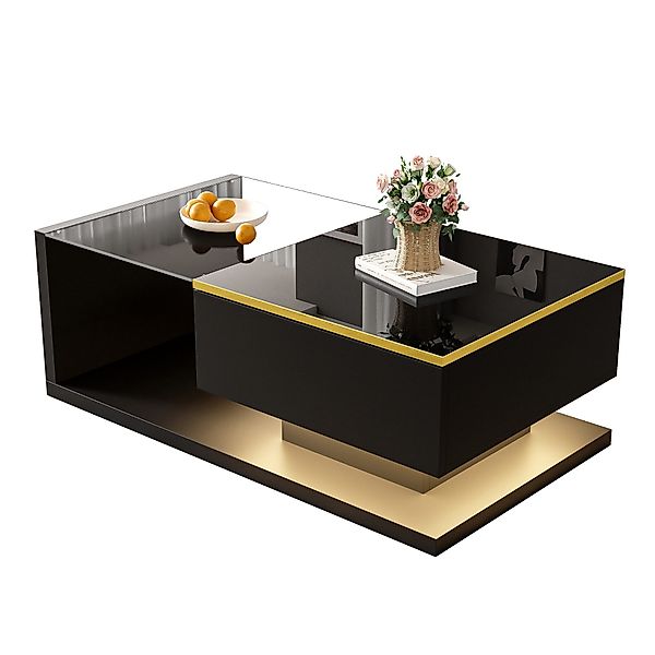 MODFU Couchtisch Hochglanzweiß/Schwarz mit Glasplatte (Satztisch, günstig online kaufen