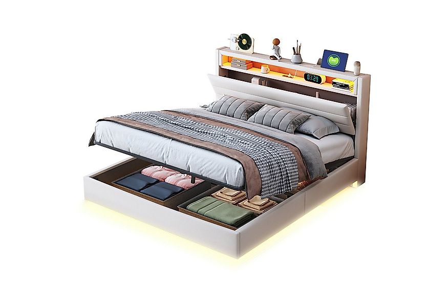 OKWISH Polsterbett Stauraumbett mit USB-Steckdose und LED-Licht, wendbares günstig online kaufen