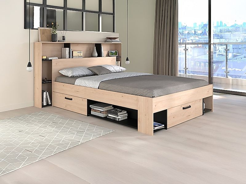 Bett 140 x 190/200 cm mit Kopfteil & Stauraum + Lattenrost - Holzfarben & S günstig online kaufen