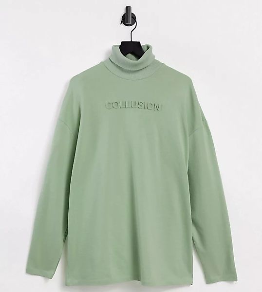 COLLUSION – Hochgeschlossenes T-Shirt-Kleid mit Logo-Prägung in Blassgrün günstig online kaufen