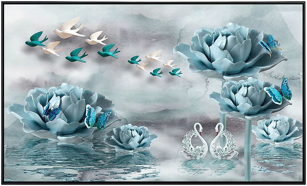 Papermoon Infrarotheizung »Blumen mit Vögeln weiß blau«, sehr angenehme Str günstig online kaufen