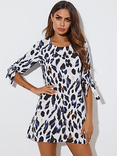 YOINS White Leopard Self-Tie Design Rundhalsausschnitt Kleid günstig online kaufen