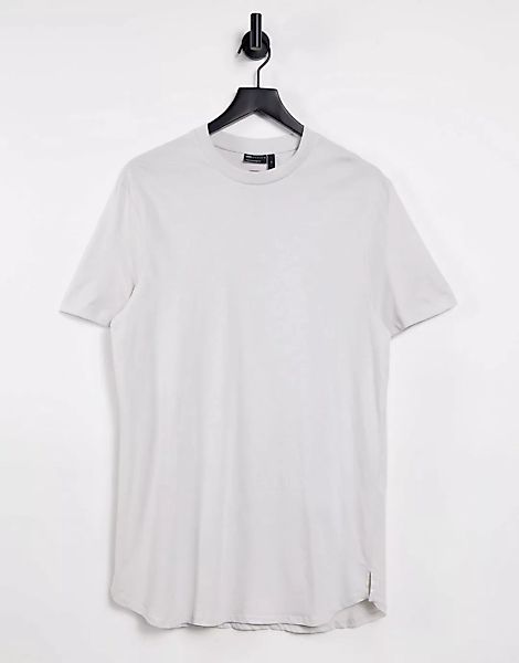 ASOS DESIGN – Lang geschnittenes T-Shirt mit Seitenschlitzen in Beige-Weiß günstig online kaufen