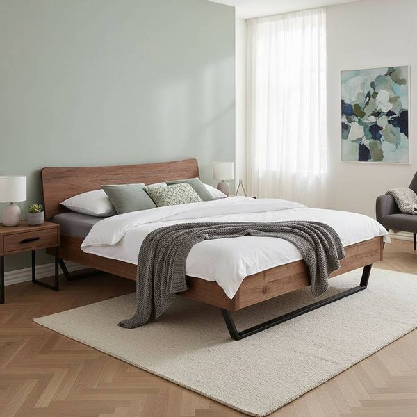 Tiefes Bettgestell aus Nussbaum Massivholz und Stahl Industry und Loft Stil günstig online kaufen