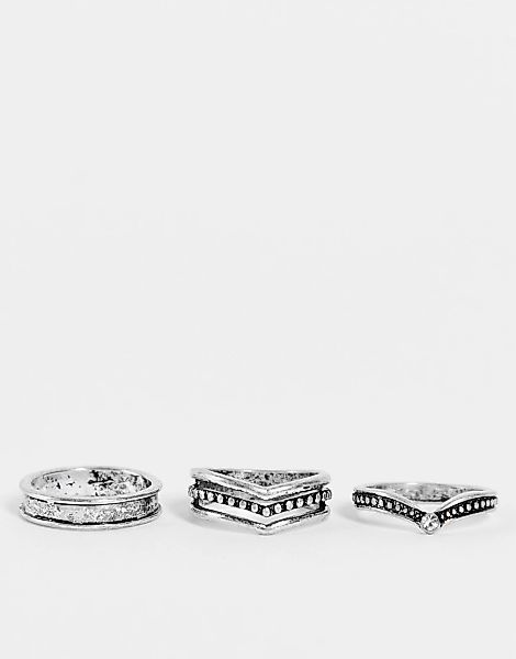 Topshop – Silberfarbene Ringe in Grunge-Optik im 3er-Multipack günstig online kaufen