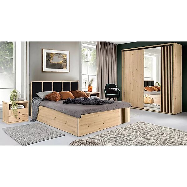 Schlafzimmer Set 4-teilig, Bett 180x200 cm, Eiche mit schwarz CALLAO-161 günstig online kaufen