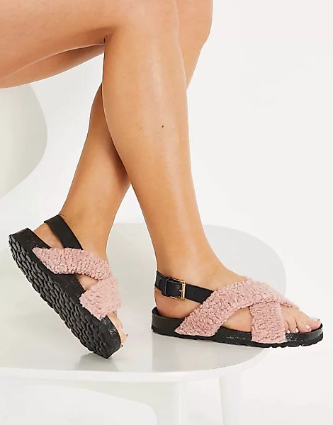 Kaltur – Flache Sandalen aus Teddyfell in Rosa günstig online kaufen