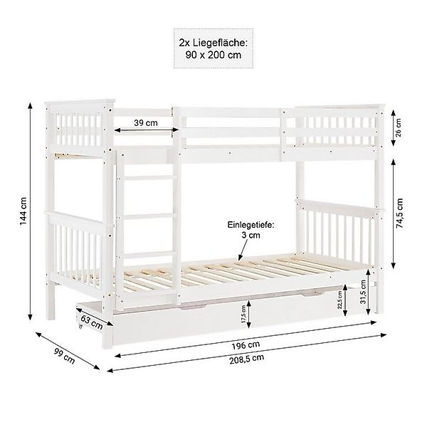 Homestyle4u Etagenbett 90x200 für 2 Kinder Weiß Doppelstockbett Leiter Hoch günstig online kaufen